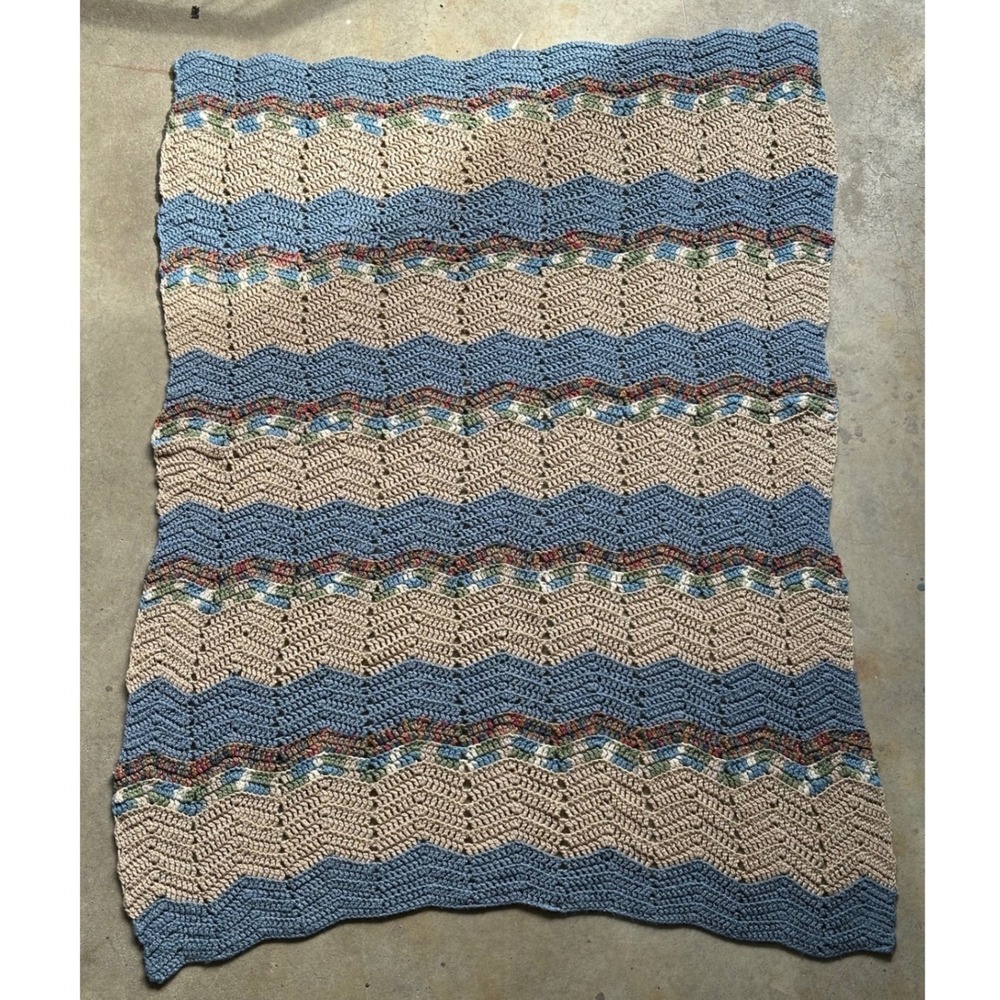 Handmade Crochet Afghan Blanket Blue Tan Chevron Ripple Vintage Throw 58x43